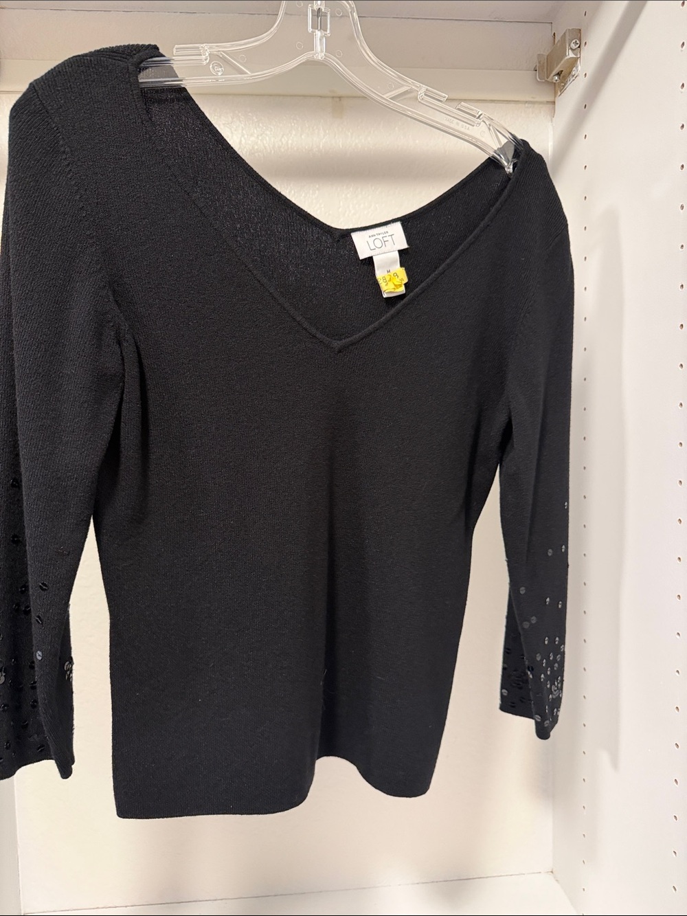 LOFT Black V-Neck Knit Top with Embellished Sleeve Detail